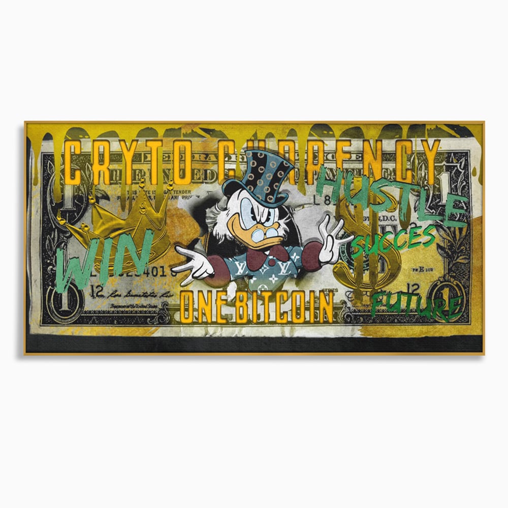 Tablou canvas cu tablou canvas cu donald duck si bitcoin, in rama de aluminiu auriu